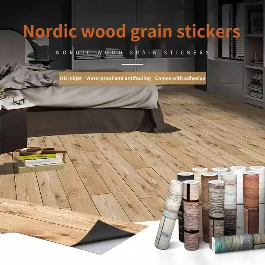 Wood Vinyl Sticker Floor Wallpaper Roll Self-adhesive Bedroom Kitchen Cabinet Furniture Decor Wall Sticker PVC Wood Grain Film