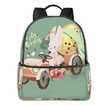 

Women canvas Backpacks School bag Rabbit Driving Vintage Car With Decorated Easter Egg Laptop Back pack travel bag