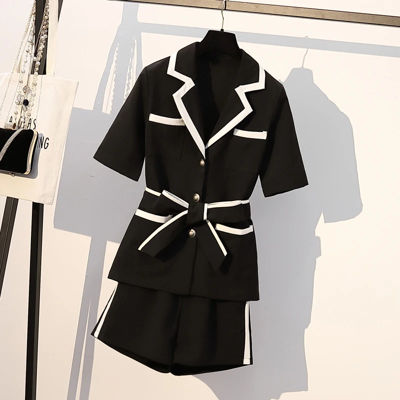 

SHTONGHUA High Quality Shorts Sets Summer Women Single Breasted Bow Sashes Blzaer Coat + Elastic Waist Wide Legs Shorts Suits