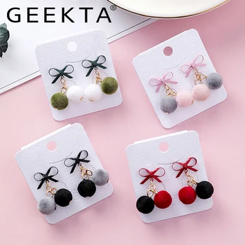 

Korean Version Sweet Bow Velvet Small Hair ball long Pendant temperament Earrings Coral Ball Autumn Winter Ladies Personality Dr