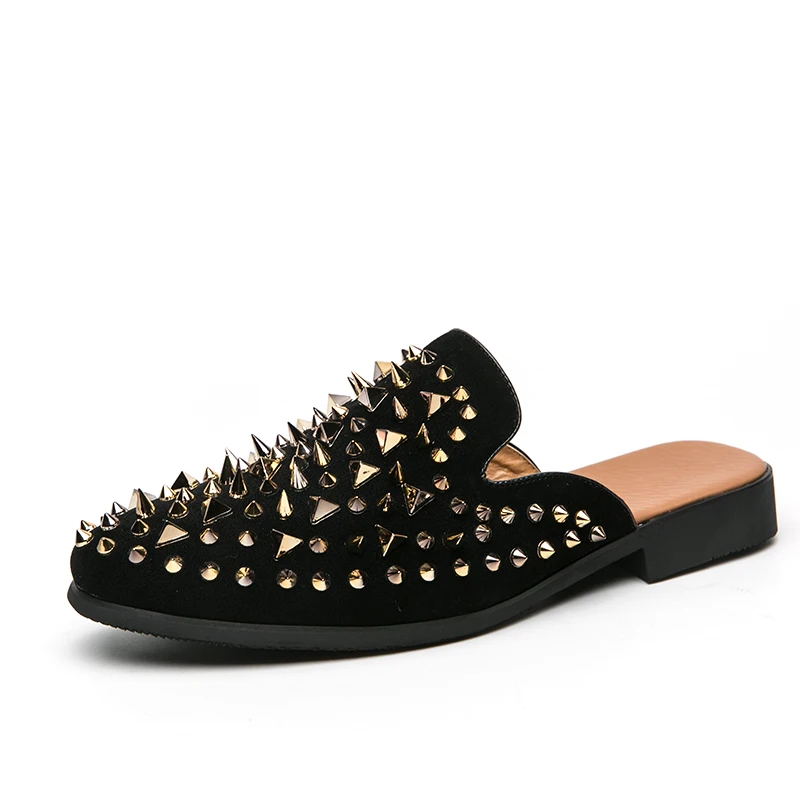 Туфли мужские кожаные с заклепками лоферы молодежная обувь дизайнерские сланцы