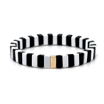 

Enameled Tile Black White Bracelet Cubic Nugget Stretch Bangle Handmade Pulseras Elastic Stacking Friendship Jewelry for Women