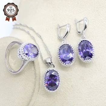 

Natural Purple Amethyst 925 Sterling Silver Bridal Jewelry Sets For Women Necklace Earrings Ring Pendant Bracelets Gift Box