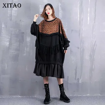

XITAO Patchwork Leopard Tassel Midi Dress Tide Plus Size Batwing Sleeve Women Clothes 2019 O Neck Elegant Dress Autumn ZLL1758