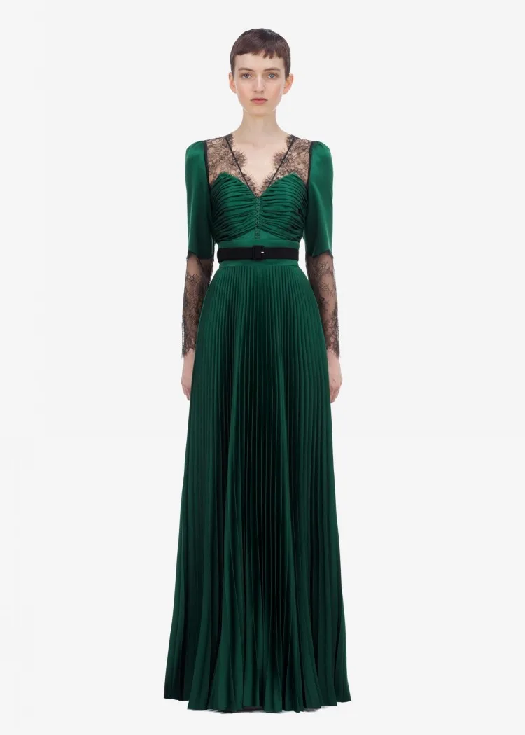 Осеннее Новое поступление элегантное темно-зеленое Плиссированное длинное платье с вырезом лодочкой и длинным рукавом женское вечернее платье высокого качества