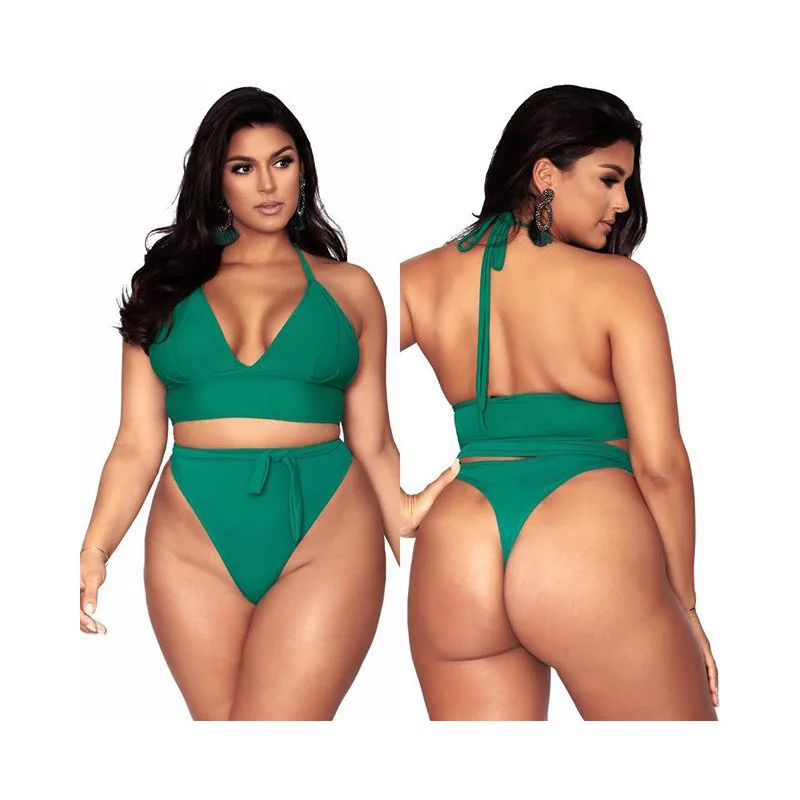 

Plus Size Swimwear Solid Bikini Talla Grande High Waist Bathing Suit Bandage Bikinis Fashion Beachwear Large Size Swimsuit Women