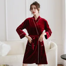 Бургундия женское велюровое кимоно Ночная рубашка с v-образным вырезом Пижама Весенняя Дамская Домашняя одежда ночная рубашка банное платье Ночная рубашка M-XL