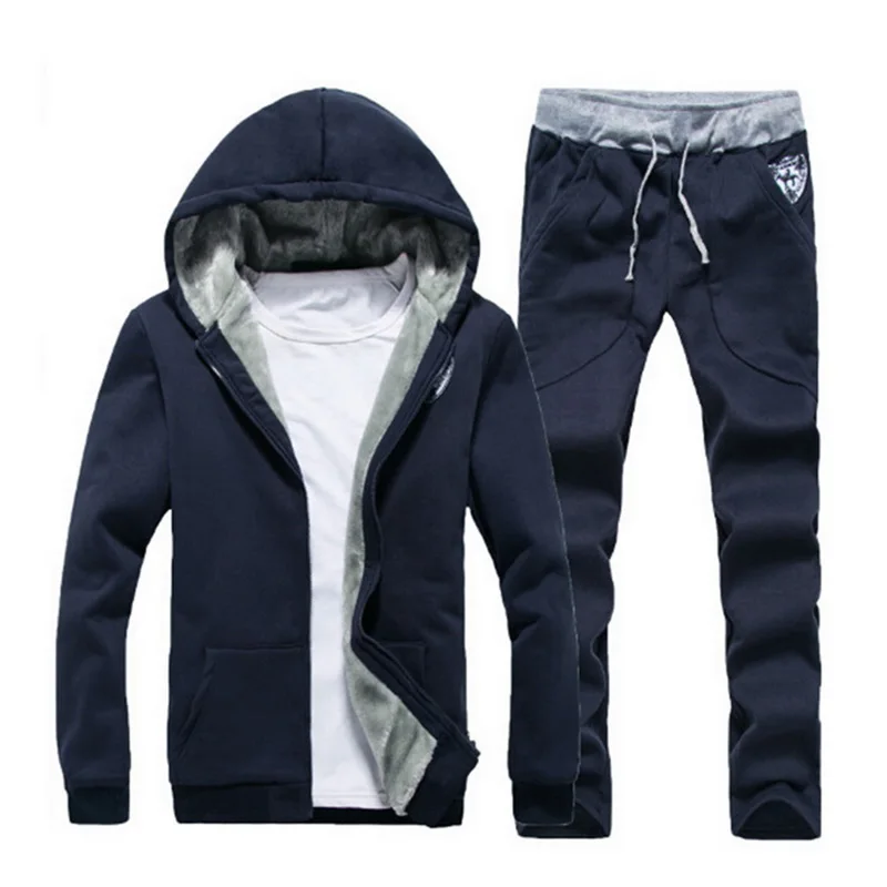 Adisputent Autumn Winter Thick Men Suits Men's Sportswear Tracksuit with Zipper Hoodie Two Pieces Set Drawstring chandal hombre - Цвет: navy