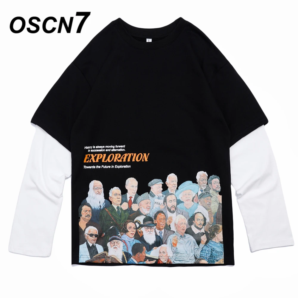 

OSCN7 High Street Funny Print Sweatshirt Men 2019 Fall False two Design High Streetwear Harajuku Oversize Sweatshirt Mens W253
