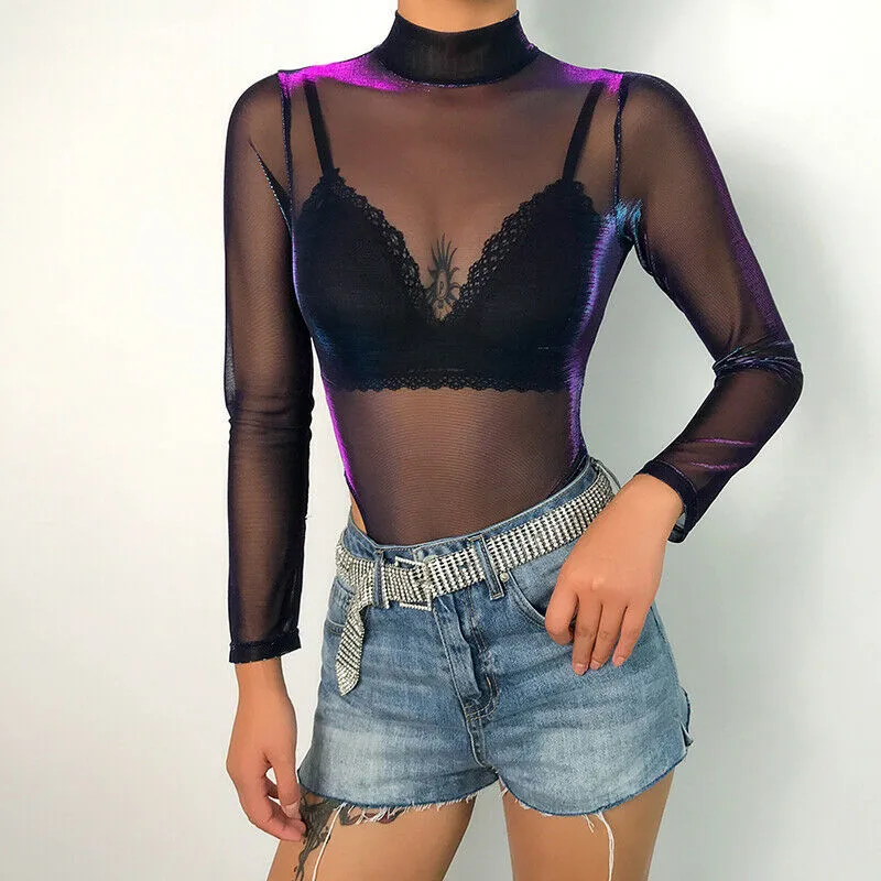 

Summer Sheer mesh Romper bodysuit leotard top Fashion Women Club street transparent see-through jumpsuit Stretch set Long sleeve