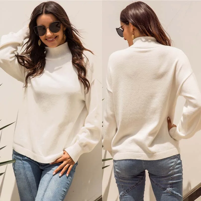 

WHZHM Autumn Turtleneck White Woollen Sweater Women Long Sleeve Winter Casual Knitted Loose Basic Pullovers Ladies Tops