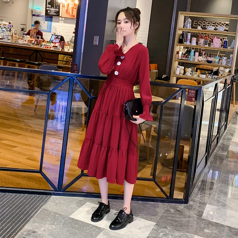

Maternity Clothes 2020 Nursing Dress New Style Red V-neck Chiffon Maxi Dress Slimming-Style Nursing Nursing Clothes Dress
