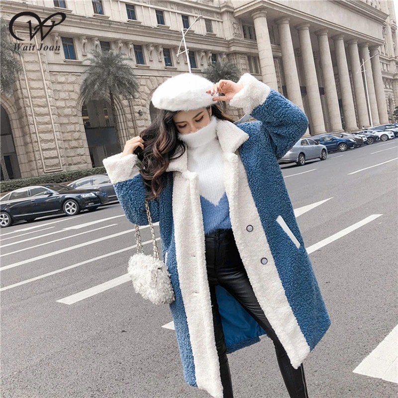 blue Зимнее пальто, женская куртка из овечьей шерсти, Женское пальто из искусственного меха, Дамское лоскутное плюшевое пальто с отворотом, толстое теплое корейское длинное пушистое пальто WJ480 - Цвет: blue