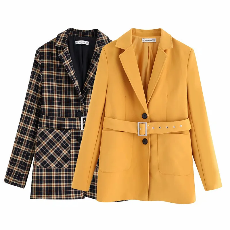 

2019 Autumn Lattice Suit Jacket Belt Waist Slim Jacket Ladies Single Breasted Coat chaquetas mujer