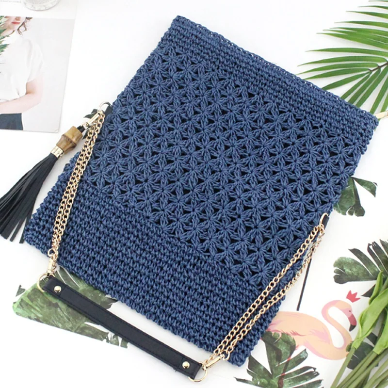 New Straw Bag Paper Rope Hook Flower Hand-Woven Bag Bamboo Tassel Casual Beach Handbag