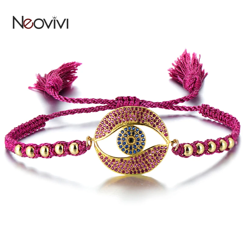 Neovivi браслеты с круглыми глазами, фиолетовый циркон, медные бусины, веревка, цепочка, браслет для женщин и мужчин, ювелирные изделия, пара, подарки на удачу