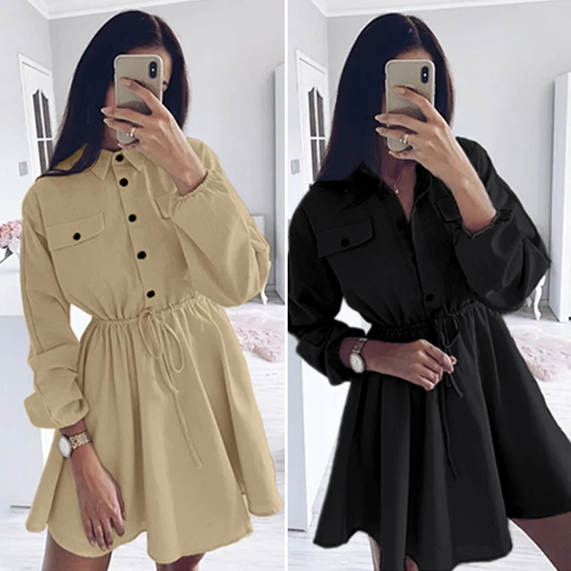 

VONDA Women Dress Casual Loose Long Sleeve Turn-down Collar Mini Dress 2019 Autumn Long Sleeve Shirts Office Sundress Plus Size