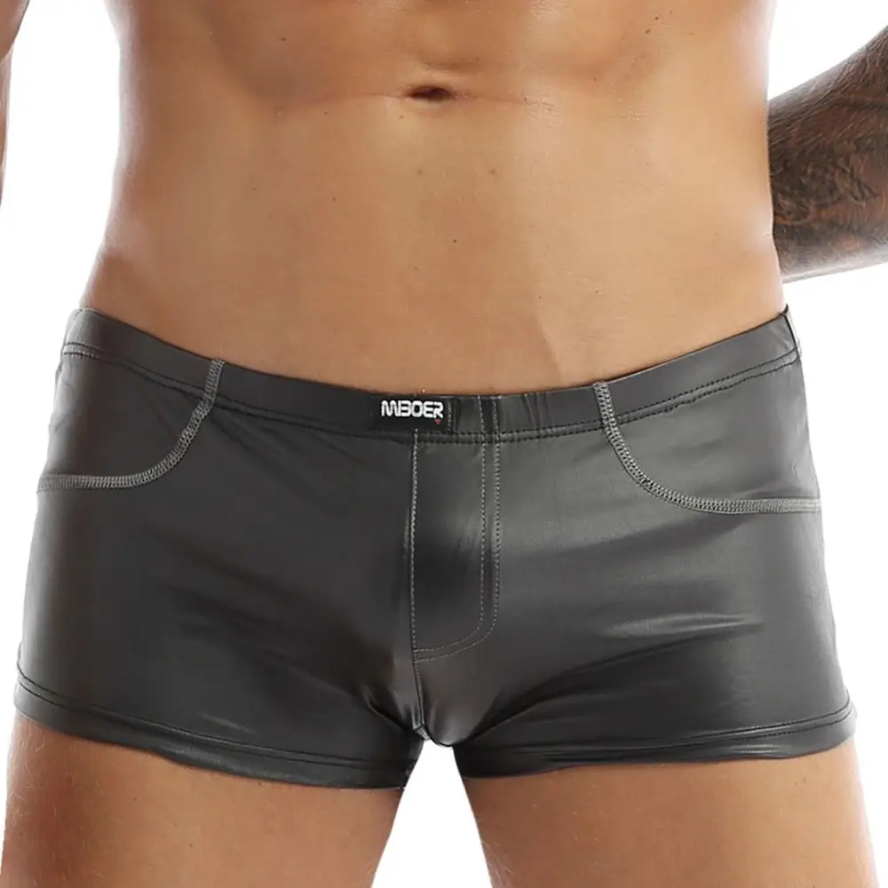 Mens Exotic Lingerie Underwear for Sex Patent Leather Sexy Boxer Briefs Shorts Wetlook Hot Sexy Male Underpants Sissy Panties