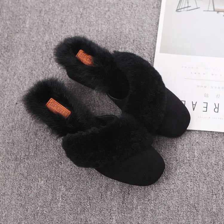 

2019 Autumn New Style plus Velvet Semi-high Heeled Furry Shoe Women's Versatile Fashion Slipper Closed-toe Lazy Slip-on Slipper