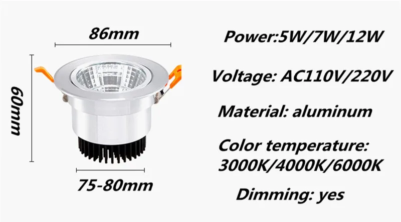 Dimmable светодиодный COB Точечный светильник потолочный светильник AC85-265V 5 Вт 7 Вт 12 Вт алюминиевый встраиваемый светильник s круглый светодиодный панельный светильник