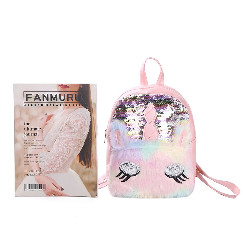 Двусторонний мягкий плюшевый рюкзак с блестками в виде единорога Kawaii для девочек, школьная сумка для зимы, рюкзак для путешествий для девочек-подростков