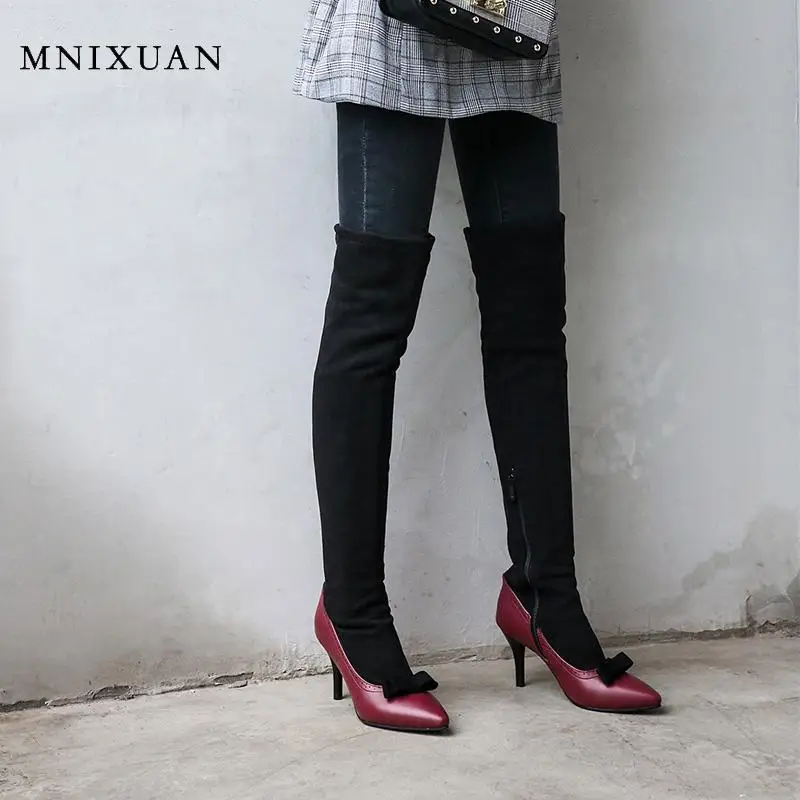 MNIXUAN модные ботинки г. Осенне-зимняя женская обувь, Ботфорты высокие сапоги на высоком каблуке с острым носком большой размер 47