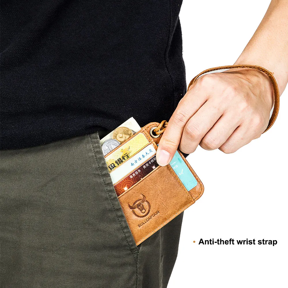 BULLCAPTAIN Genuine Leather Business Credit Card Holder mini RFID Card protection Unisex ID Holders CARDS WALLET WITH WRIST