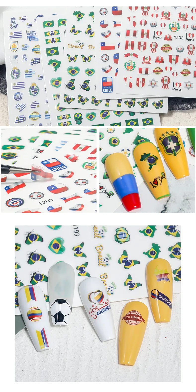 Fashion Adhesive World Cup Football Nail Decal Brazil Argentina Flag Nail Art Sticker 3D Manicure Decoration Accessories7.8x10cm