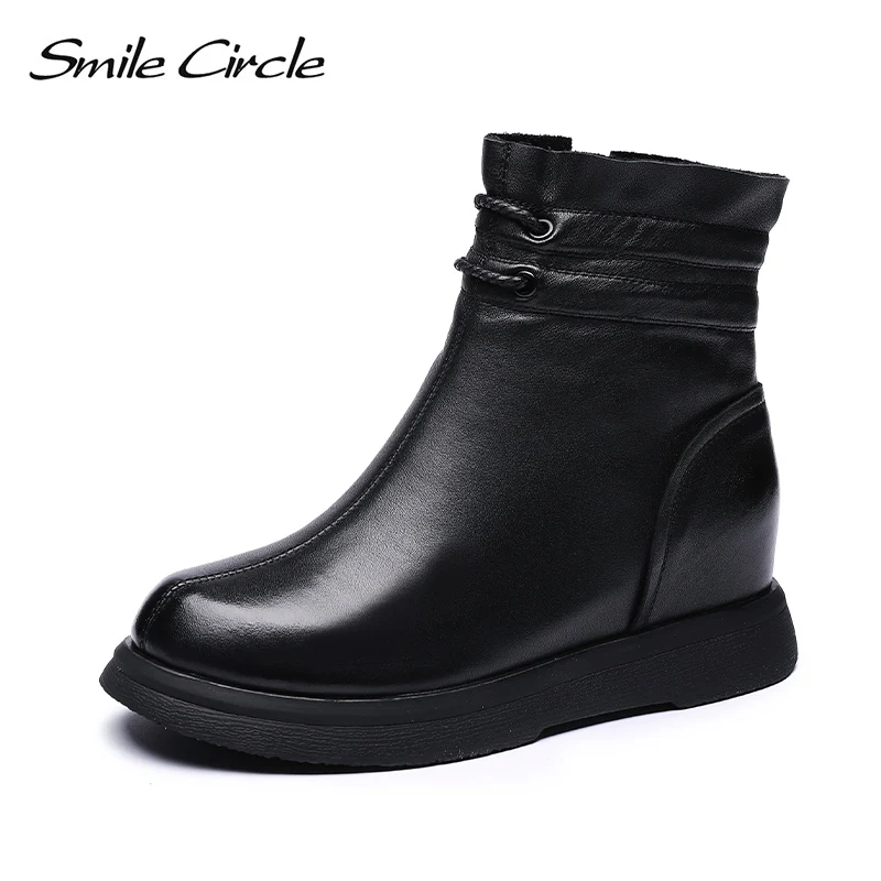 

Smile Circle Ankle Boots Women flat platform shoes Genuine Leather Side zipper Increase within 2.5CM Ladies short boots