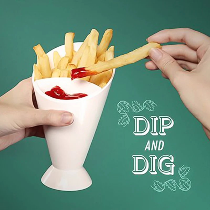 Kitchen Potato Tool Tableware Multipurpose 2 In 1 French Fry Cone With Dipping Cup French Fries Cup Accessories Free Shipping
