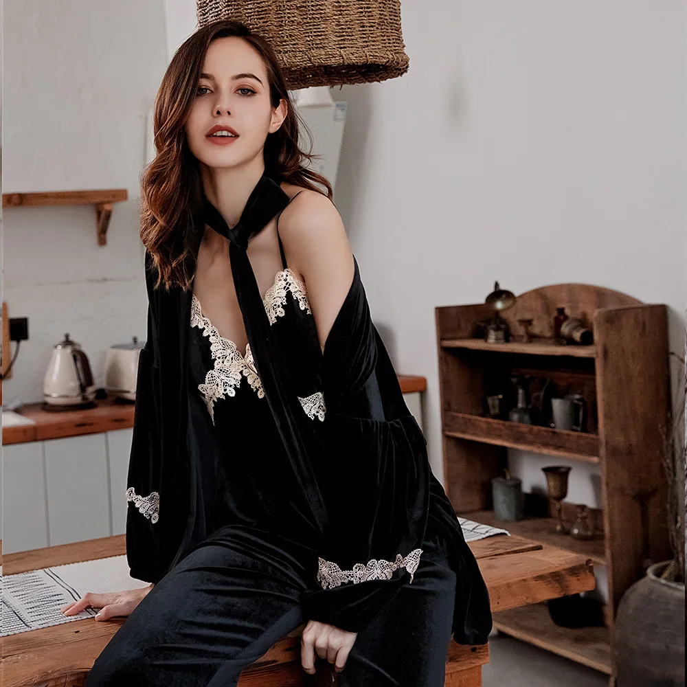 Pajamas for Women Gold Velvet Pajamas Autumn Version of Sexy Lace Sling Nightdress Robe Trousers Three-piece Home Clothes