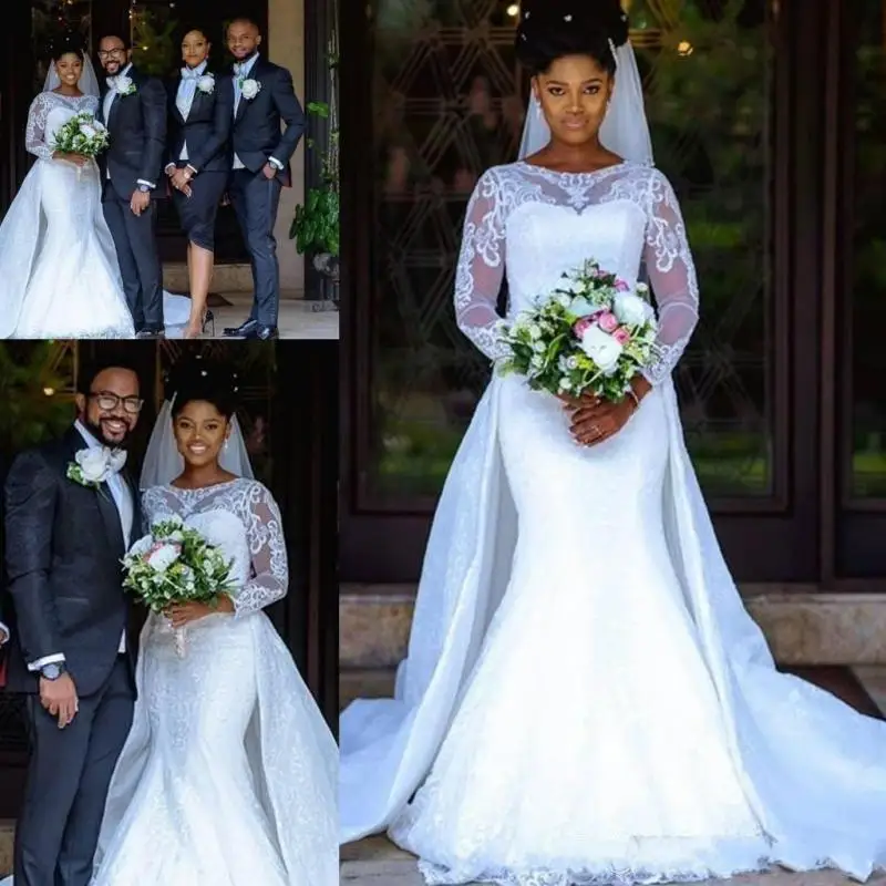 

South African Mermaid Wedding Dresses With Sweep Train Lace Sheer Long Sleeves Bridal Gowns Custom Made Wedding Dress