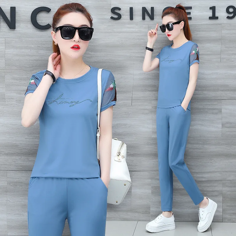 

Sports WOMEN'S Suit Summer 2019 New Style Crew Neck Embroidery Short Sleeve Trousers Leisure Suit Two-Piece Set T-shirt Summer W