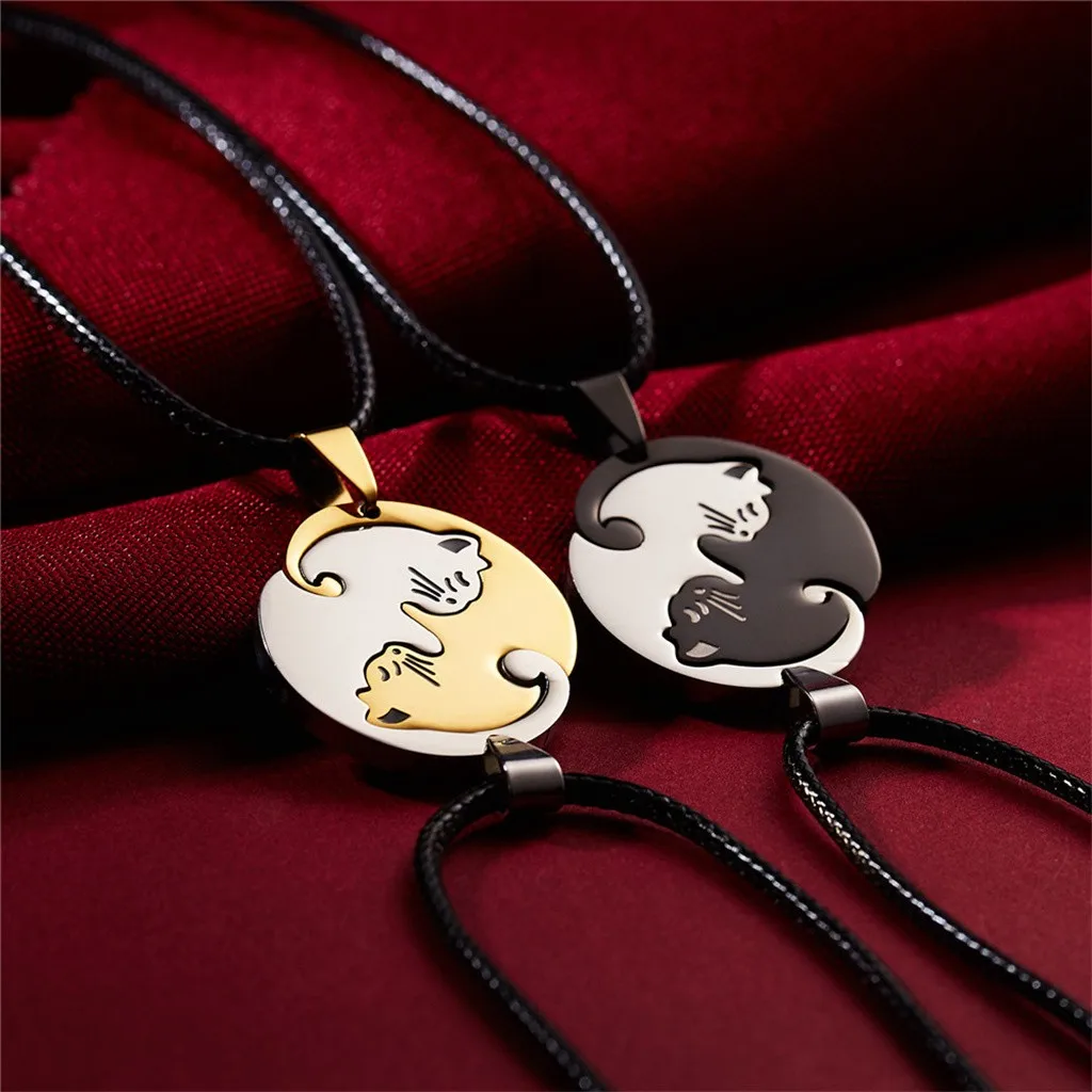 Handmade Round Infinity Couple Necklace Black And White Cat Splice Romantic Animal Pendant Titanium Steel Gifts #D | Украшения и