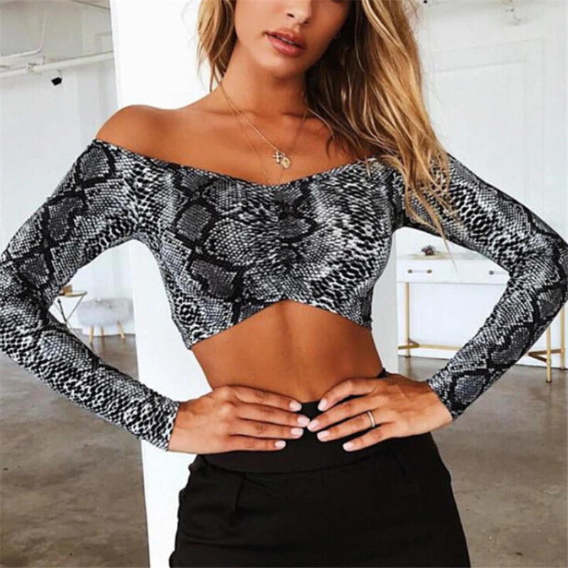 Women Blouses Sexy Snake Skin Top Women Crop Top Off Shoulder Blouse Ladies Blouses And Tops Womens Long Sleeve Tops Slim Blouse