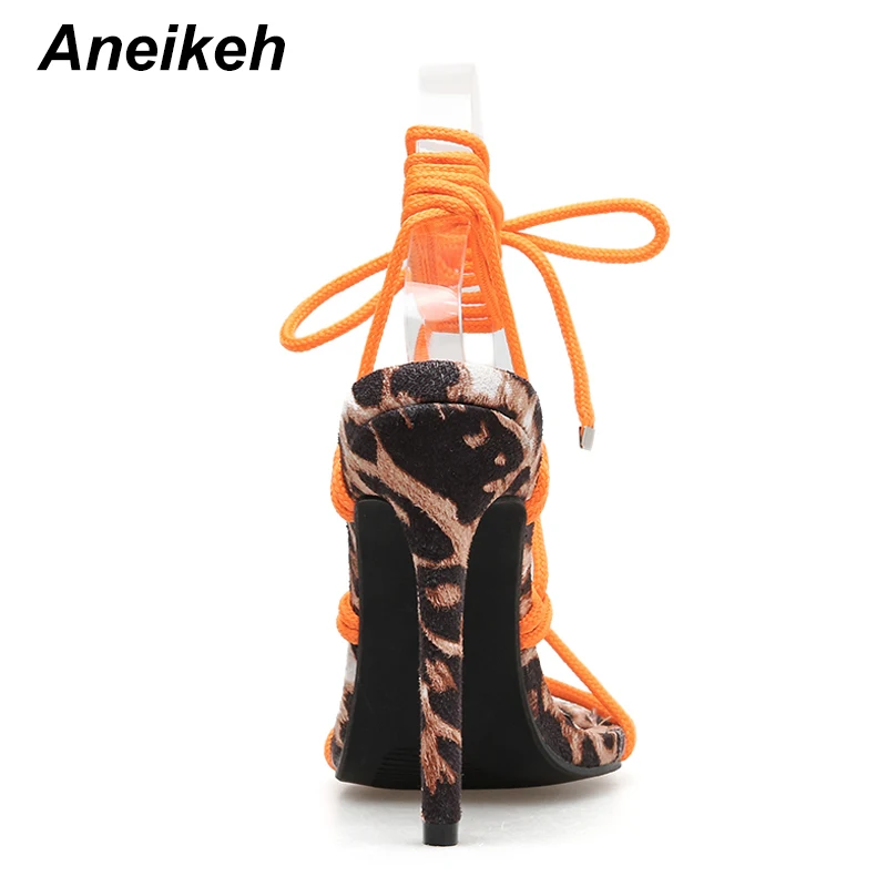 Aneikeh/ г. Модные сандалии из флока женские леопардовые туфли на высоком тонком каблуке с круглым носком вечерние свадебные оранжевые туфли на шнуровке, Размеры 35-42