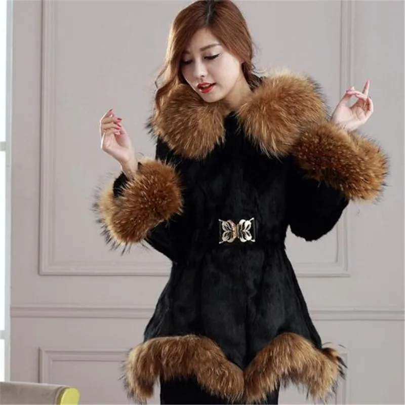 Parkas Autumn Winter Coat Medium Length Outerwear Hooded Faux Fox Fur Collar Imitation Mink Fur Coat Women Coat High Faux Fur Overcoat black puffer coat with hood