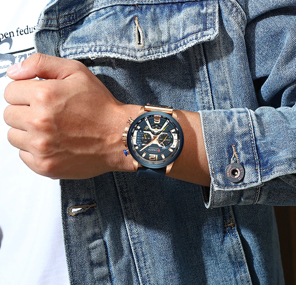 Wristwatch Mens CURREN  Top Brand Luxury Sports Watch Men Fashion Leather Chronograph Watches with Date for Men Male Clock