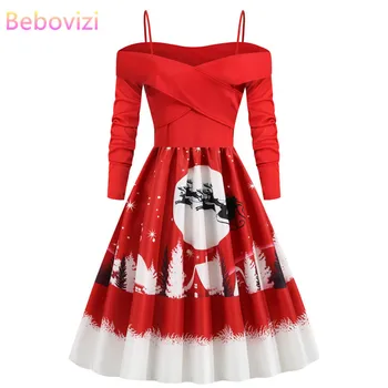

Bebovizi New Christmas Dress Women Clothes Winter Vintage Red Sling Long Sleeve Vestidos Casual Plus Size Elegant Party Dresses