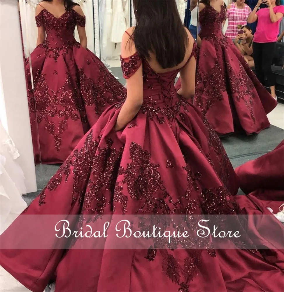 Burgundy Quinceanera Dresses Pocket Sequins Applique Off Shoulder Sweet 16 Dress Vestido De 15 Anos Ball Prom Gowns