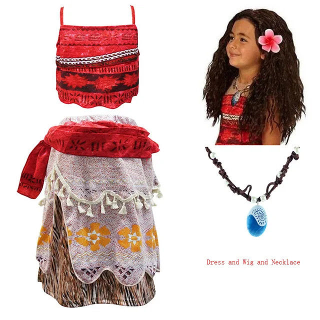 Dress Wig Neckalce Летнее платье Моана для девочек, платья принцессы Моаны, Детские праздничные маскарадные костюмы с париком, детская одежда, одежда Vaiana - Цвет: Dress Wig Neckalce