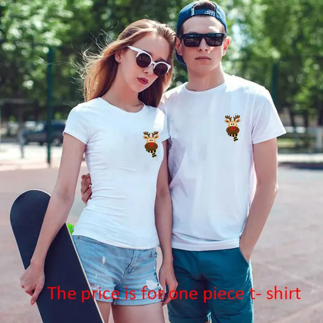 Christmas Couple Top T-shirt Merry Christmas Casual Cotton Short Sleeve Tees Brand Loose Women And Men Santa Outfits Clothes Deer1 White