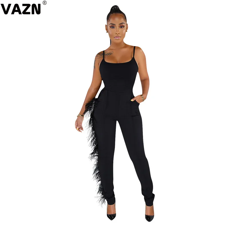 VAZN ME324 Tide Новые Сексуальные женские однотонные длинные штаны длиной до щиколотки с кисточками женские облегающие комбинезоны без рукавов с v-образным вырезом