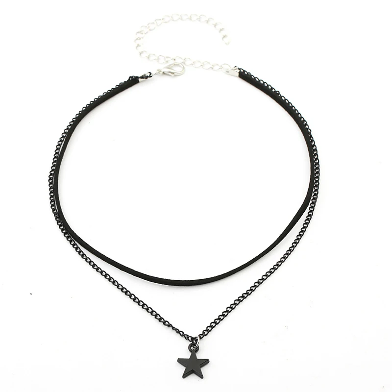 Two-Rows Black Choker Necklace with Black Chain and Pentagram Star Charm Pendant Multilayer Collar Necklace - Image 2