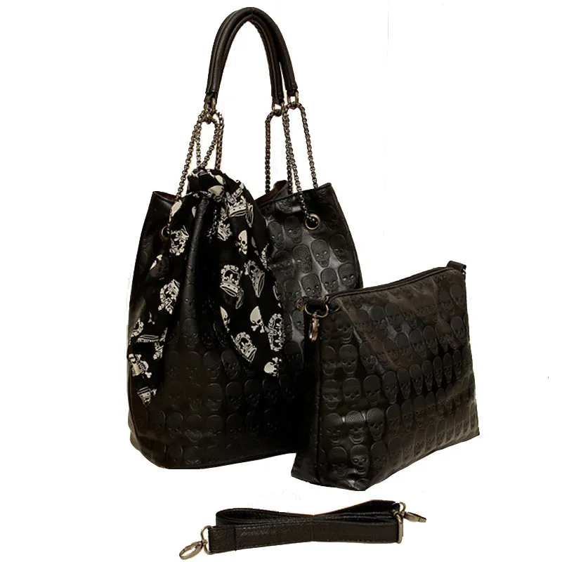 HISUELY Vintage Skull Shoulder Bags Women Bucket Pu Leather With Silk Female Black Handbags Ladies Casual Chain Tote Bag