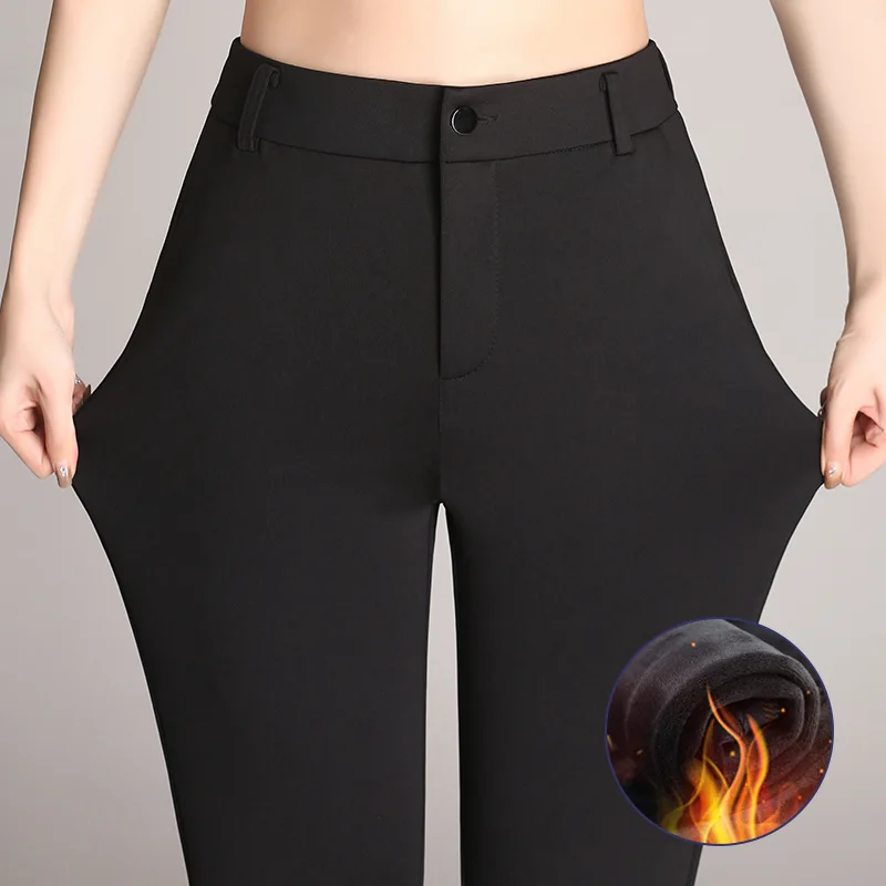YUEY новые женские толстые теплые расклешенные брюки для зимы OL одноцветные двухслойные Стрейчевые брюки с высокой талией от S до 4XL
