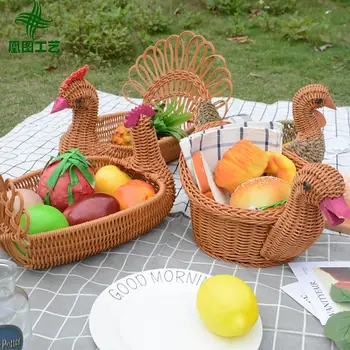 

Fruit basket cake birthday kitchen organizer Pea-cock Turkey Duck Shape Bread Basket Rattan Woven Noodles Storage Kitchen Tool 4