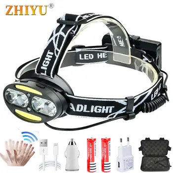 

High Power 4 T6 2 COB LED Headlamps for Camping Fishing Sensor Headlights USB Rechargeable 18650 Head Flashlight 7 Modes Lamps