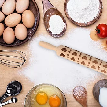 

New Wooden Engraved Rolling Pin Embossing Baking Cookies Dog Heart Patterned Biscuit Embossing Rolling Baking Cookies Kitchen To