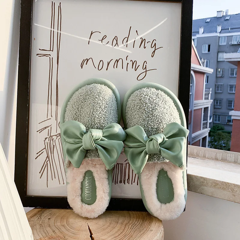 

Closed-toe Bow Plush Slipper Women's Winter Outer Wear plus Velvet INS chao wang Red Lambs Wool Lazy Muller Semi-Slipper